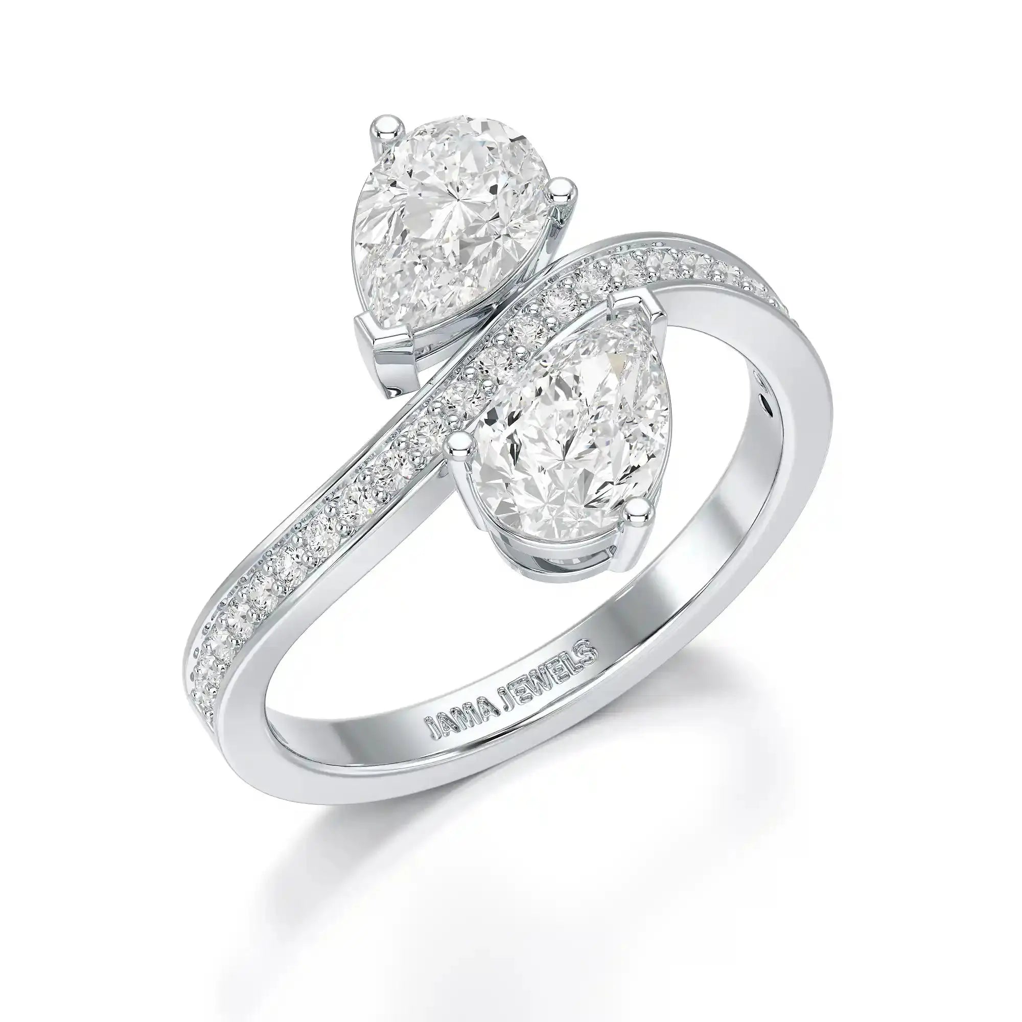 1.55 CT Two Stone Pear Cut Ring with Round Cut Side Diamonds Jama Jewels