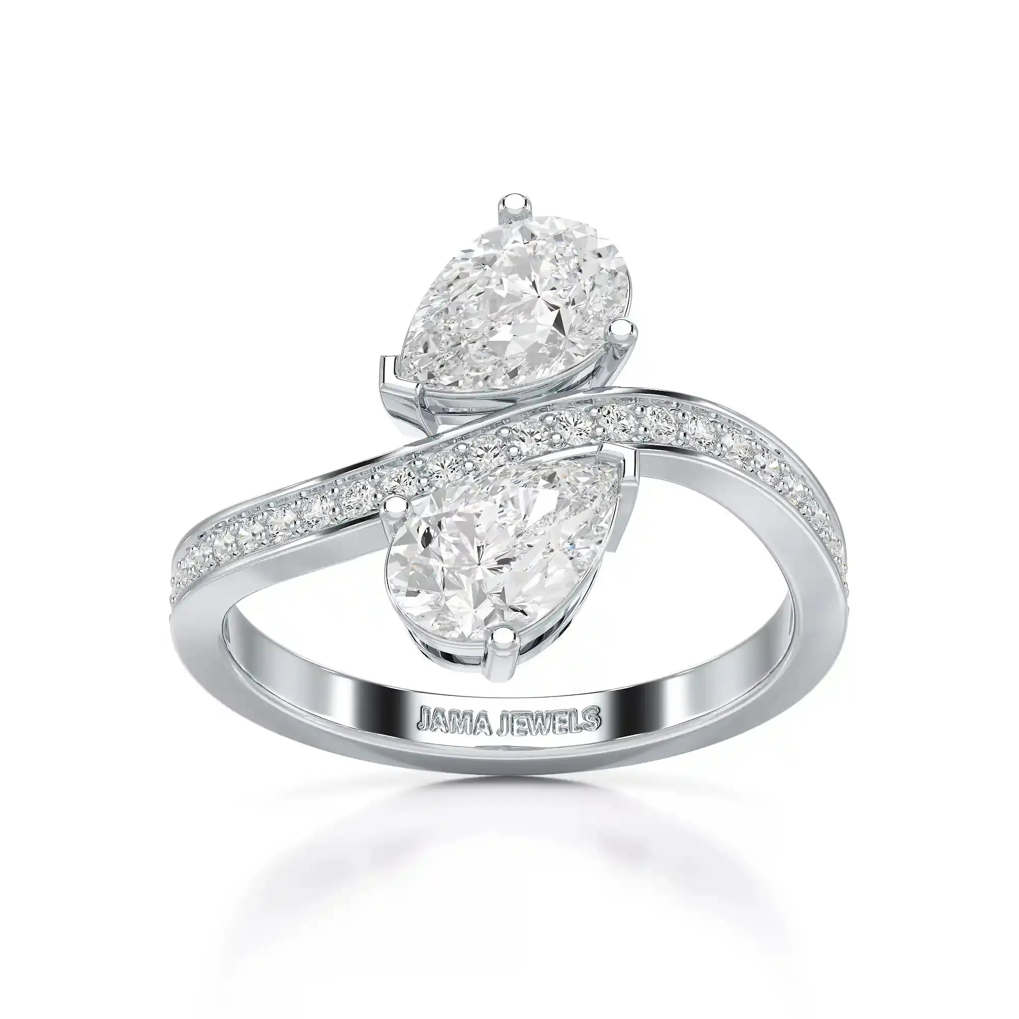 1.55 CT Two Stone Pear Cut Ring with Round Cut Side Diamonds Jama Jewels