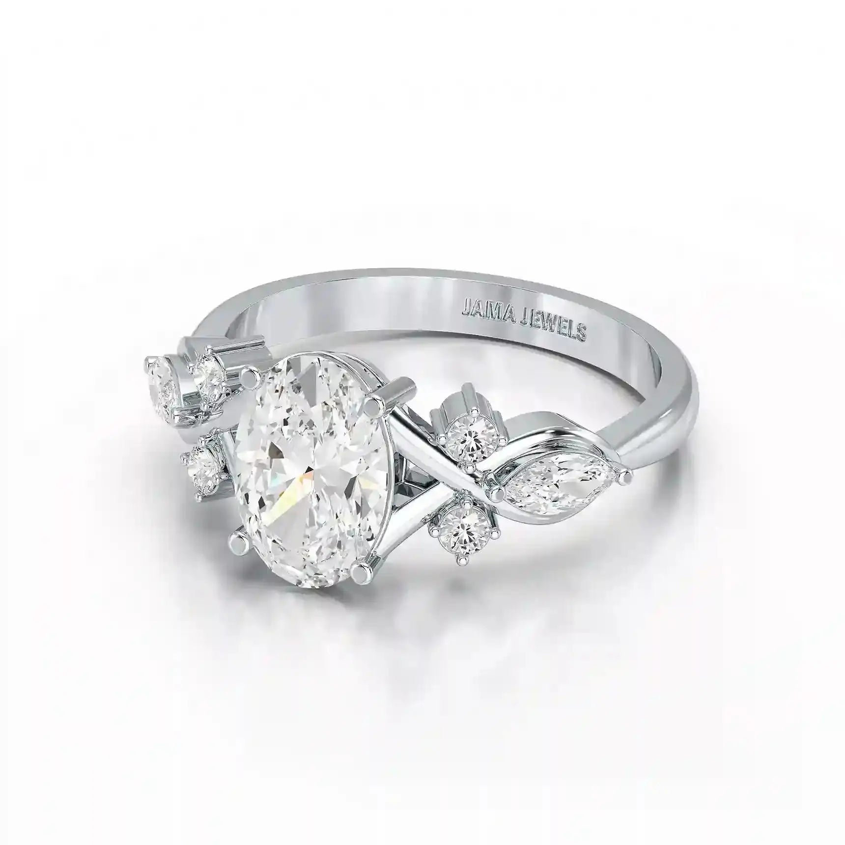 1.80 CT Oval Cut Sideways Ring with Marquise & Round Side Diamonds Jama Jewels