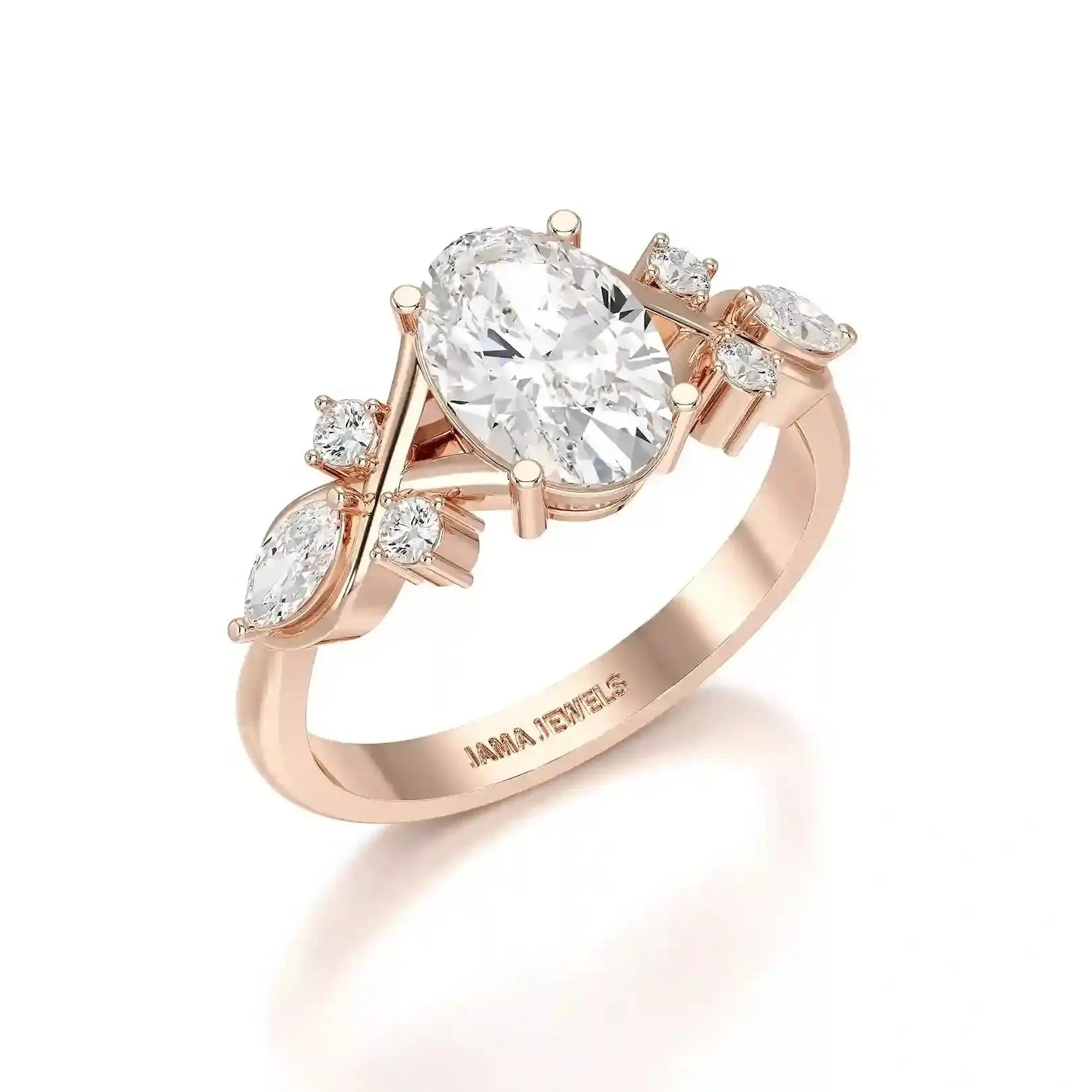 1.80 CT Oval Cut Sideways Ring with Marquise & Round Side Diamonds Jama Jewels