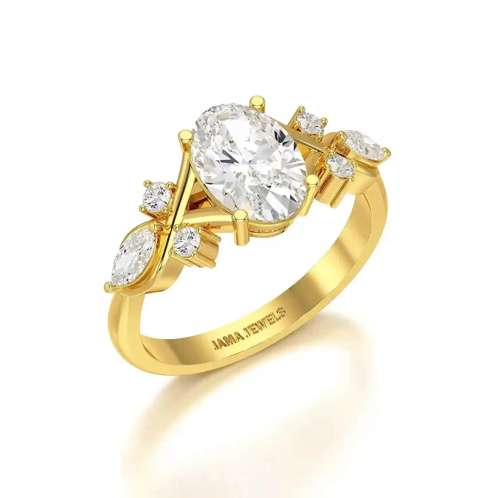 1.80 CT Oval Cut Sideways Ring with Marquise & Round Side Diamonds Jama Jewels
