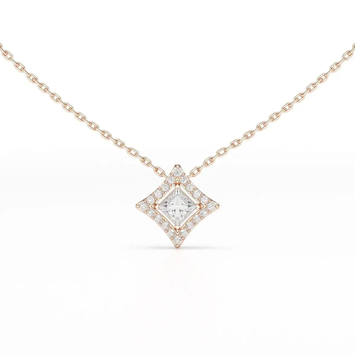 0.70 CT Princess Cut Halo Chain Pendant with Round Diamonds Jama Jewels
