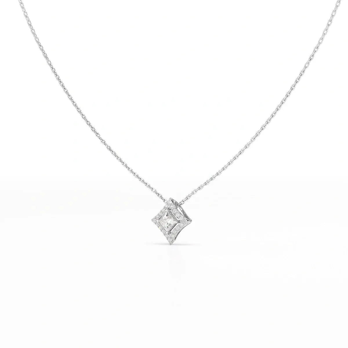 0.70 CT Princess Cut Halo Chain Pendant with Round Diamonds Jama Jewels