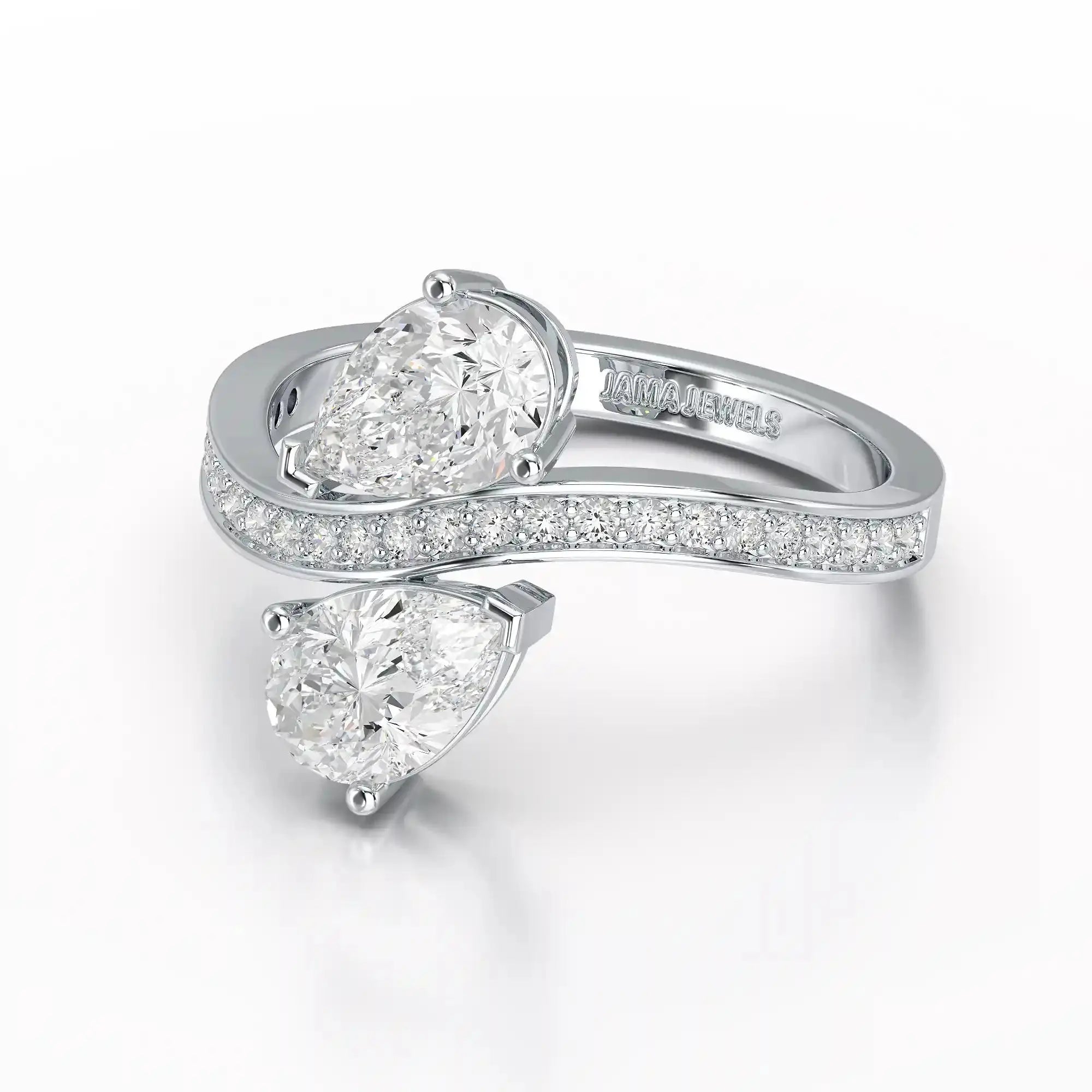 1.55 CT Two Stone Pear Cut Ring with Round Cut Side Diamonds Jama Jewels