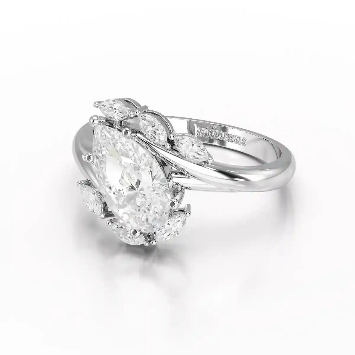 1.7 CT Pear Cut Lab Diamond Ring with Marquise Side Stones Jama Jewels