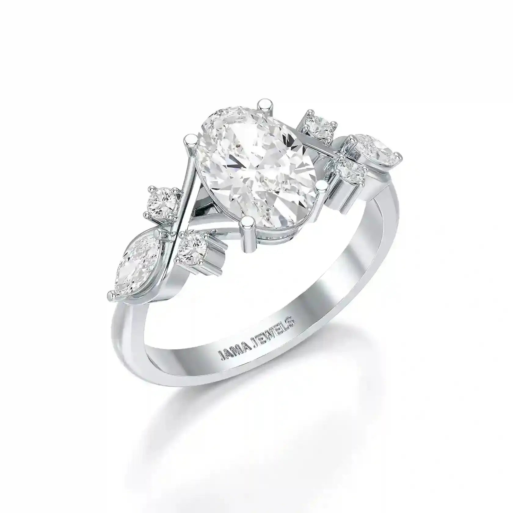 1.80 CT Oval Cut Sideways Ring with Marquise & Round Side Diamonds Jama Jewels