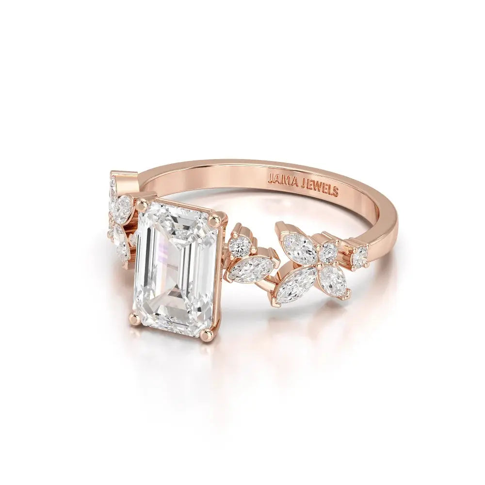 2.45 CT Emerald Cut Diamond Ring with Marquise & Round Diamonds Jama Jewels