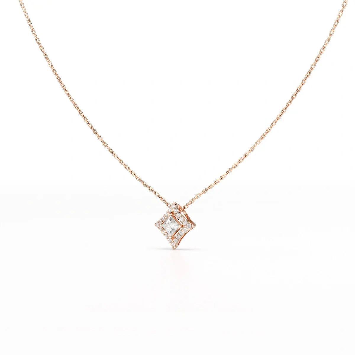 0.70 CT Princess Cut Halo Chain Pendant with Round Diamonds Jama Jewels