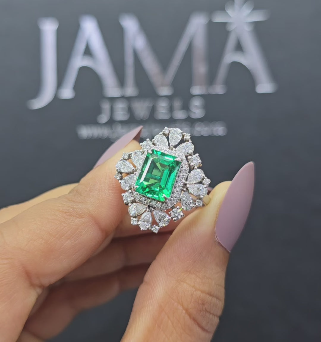 1.56 CT Lab Grown Emerald Cut Gemstone Ring with Side Diamonds(Ready for Delivery)