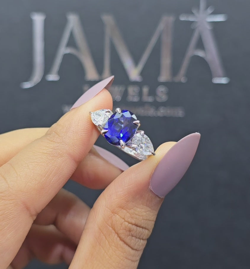 1.37 CT Lab Grown Oval Cut Gemstone Ring with Pear Cut Side Diamonds(Ready for Delivery)